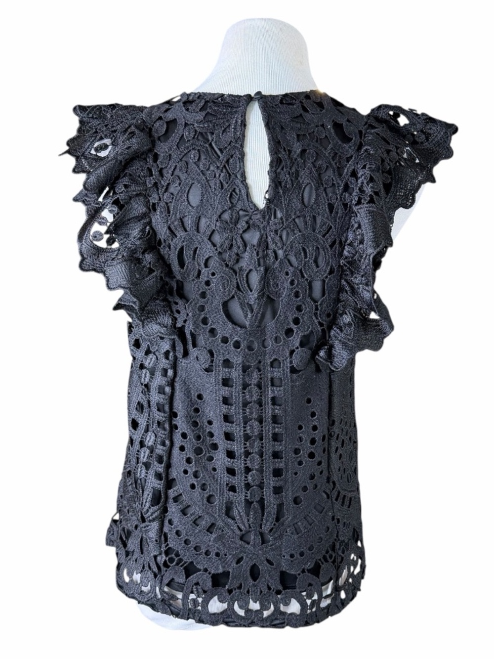 Express Black Baroque Lace Crochet Ruffle Sleeve Blouse - Size Medium - Picture 6 of 16